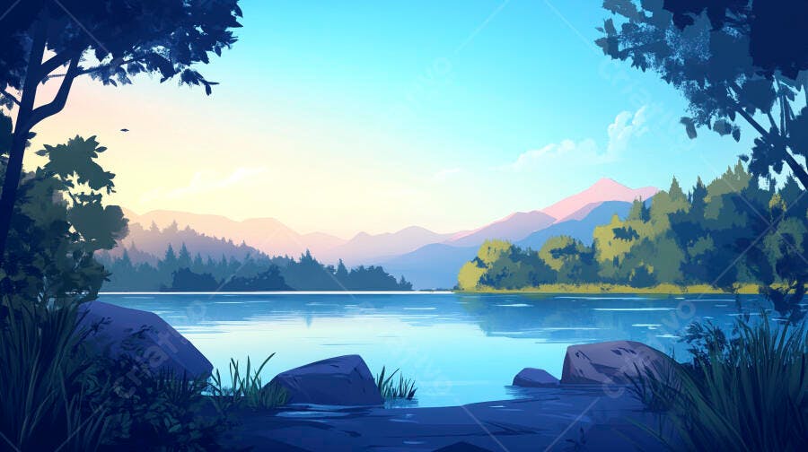 Ilustração Paisagem Lago Montanhas Floresta Amanhecer