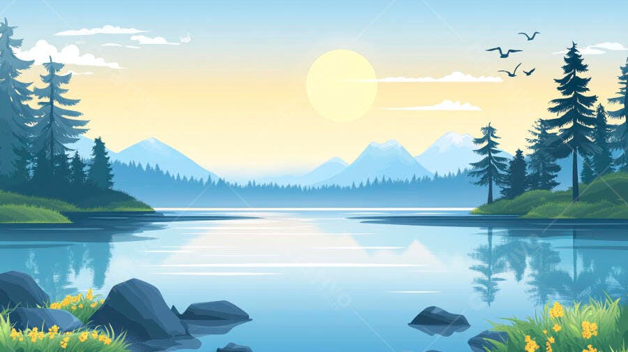 Ilustração Lago Montanhas Nascer do Sol Natureza