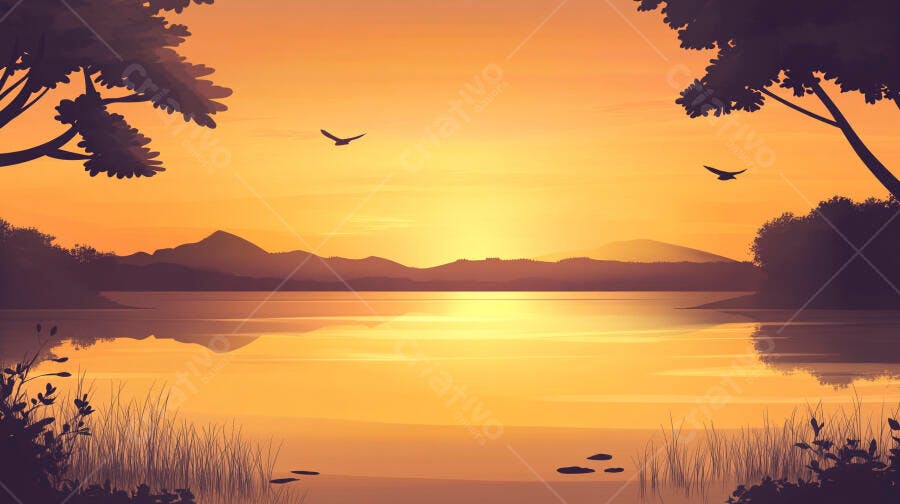 Ilustração Pôr do Sol Lago Montanhas Silhueta Pássaros