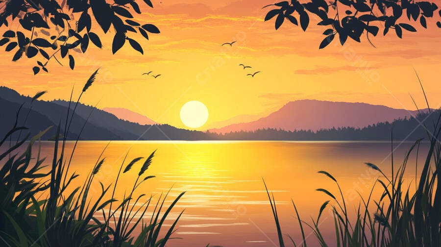 Ilustração Pôr do Sol Lago Montanhas Silhueta Dourada