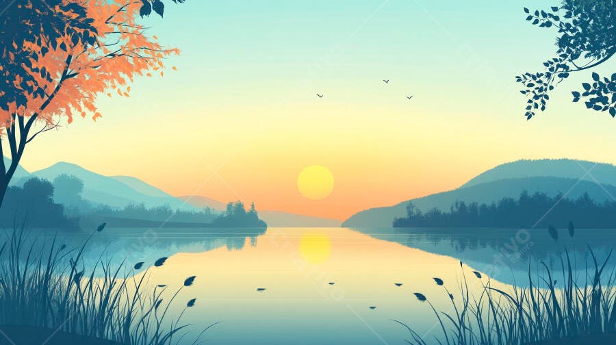 Ilustração Nascer do Sol Lago Montanhas Natureza Silhueta