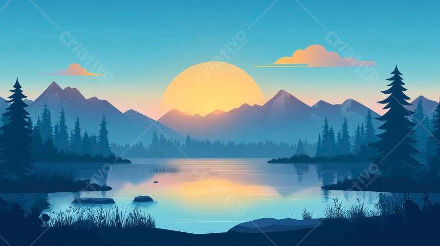 Ilustração Nascer do Sol Montanhas Lago Floresta