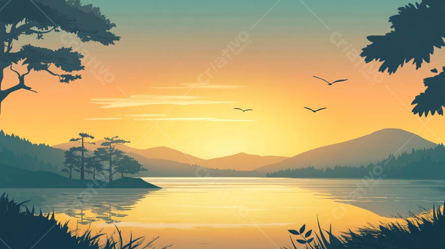 Ilustração Pôr do Sol Lago Montanhas Silhueta Natureza