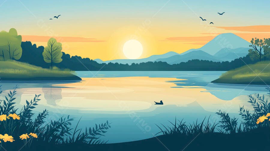 Ilustração Pôr do Sol Lago Montanhas Natureza Sereno