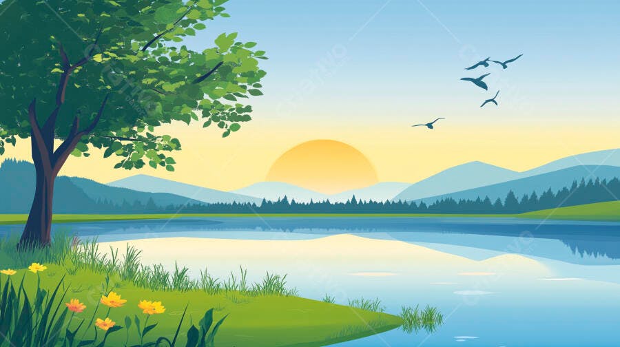 Ilustração Nascer do Sol Lago Montanhas Árvore Pássaros
