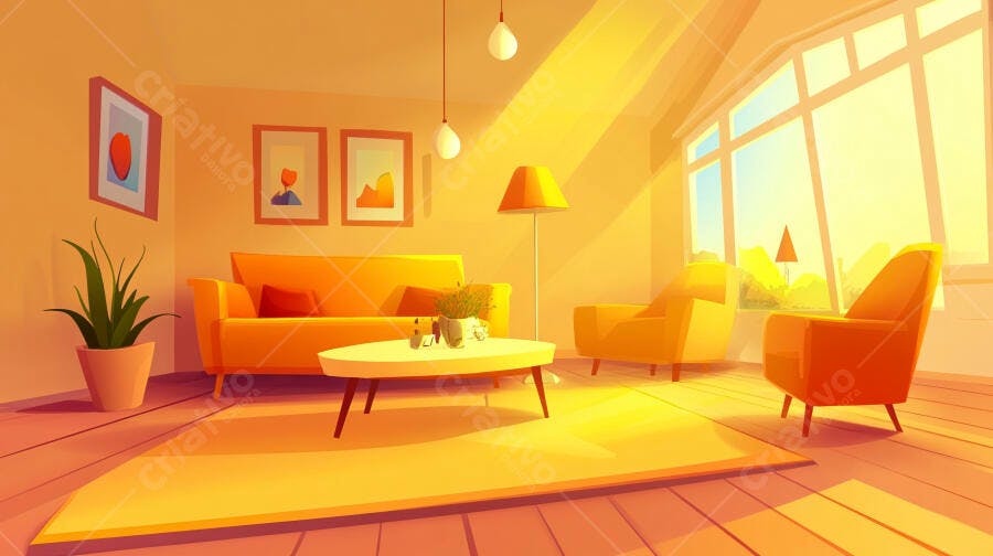 Ilustração Sala de Estar Aconchegante Luz do Sol Amarela