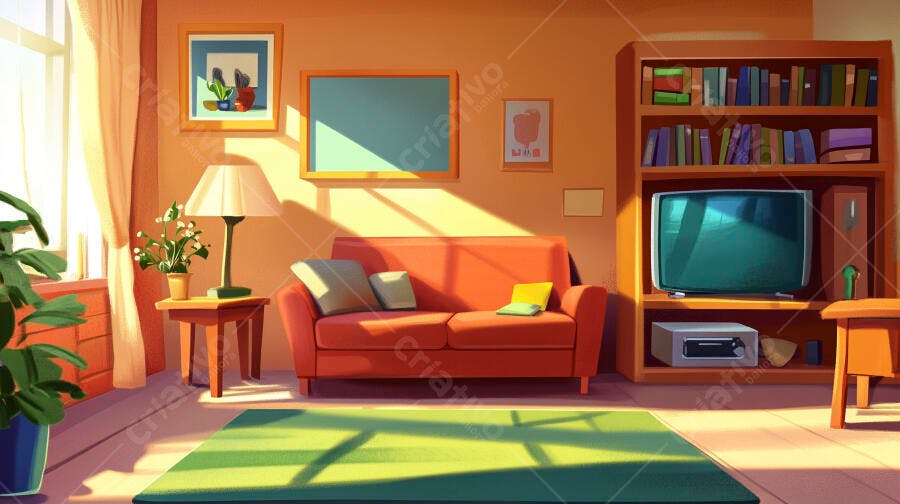 Sala de Estar Aconchegante Ilustração Desenho Animado