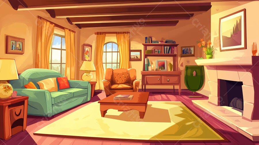 Sala de Estar Aconchegante Estilo Desenho Animado Ilustração