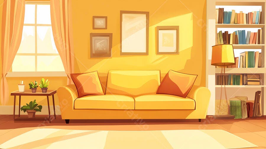 Ilustração Sala de Estar Aconchegante Amarela com Sofá e Estante