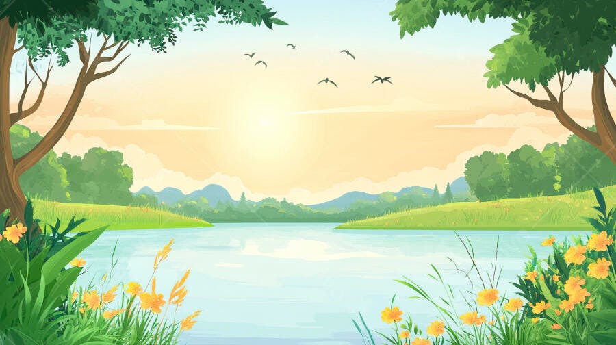 Ilustração Lago Cenário Natural Pôr do Sol Montanhas