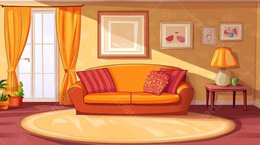 Ilustração Sala de Estar Aconchegante Sofá Laranja Cortinas Amarelas