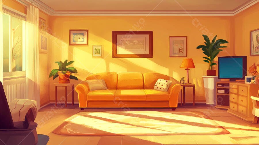 Sala de Estar Aconchegante Ilustração Desenho Animado