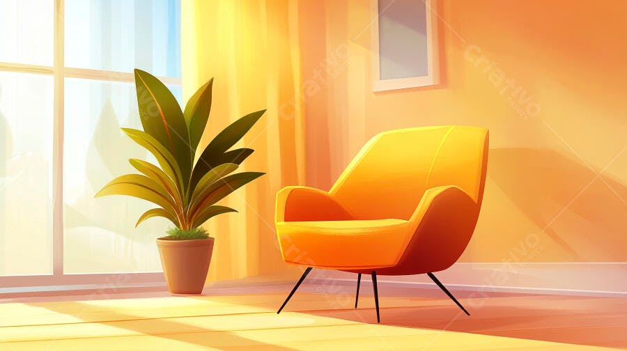 Ambiente Sala de Estar Cadeira Laranja Planta Iluminação Solar