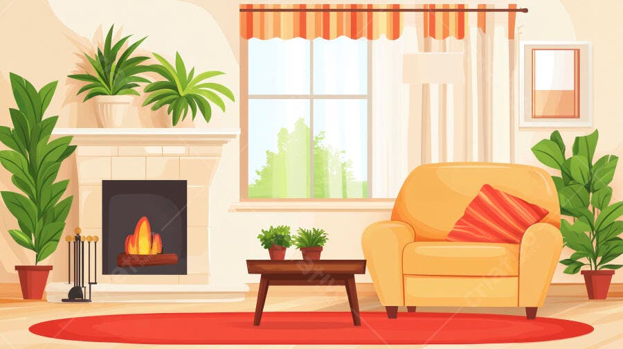 Ilustração Sala de Estar Aconchegante Lareira Poltrona Plantas