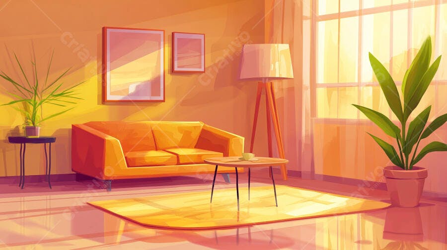 Sala de Estar Confortável Sofá Laranja Iluminação Dourada