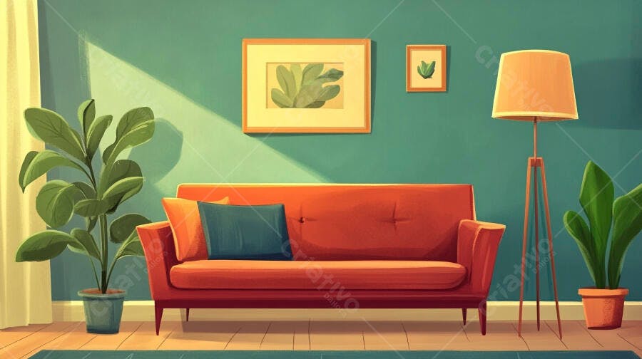 Sala de Estar Sofá Laranja Plantas Decoração Interna