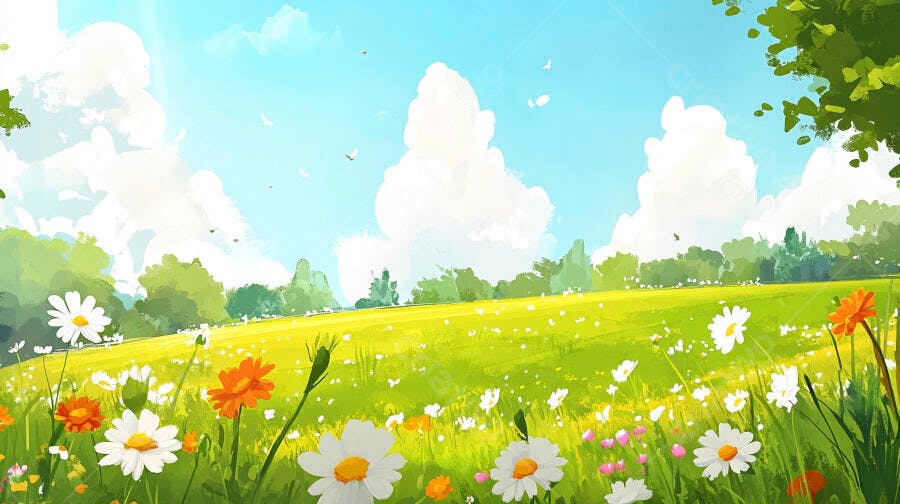 Foto Campo Verde Flores Margaridas Céu Azul Nuvens Verão