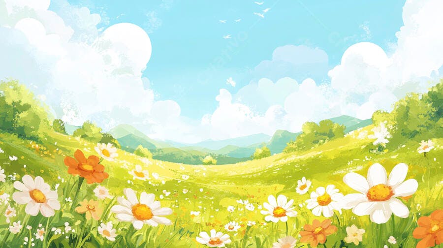Ilustração Campo de Flores Margaridas Primavera Céu Azul