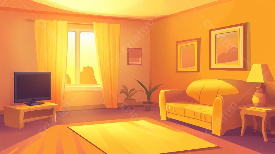 Sala de Estar Vazia Iluminada pelo Sol Estilo Desenho Animado