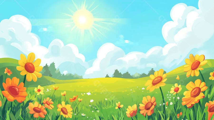 Ilustração Campo Flores Amarelas Sol Céu Azul Primavera