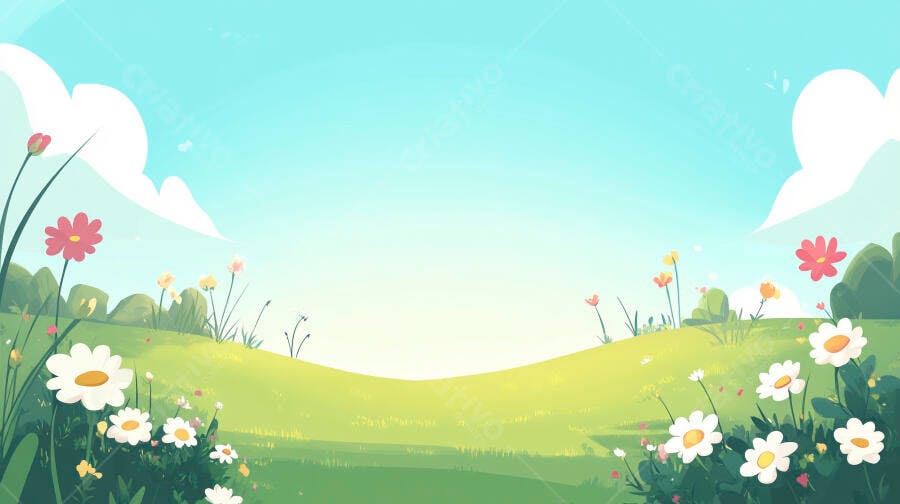 Ilustração Campo Verde Flores Primavera Céu Azul Nuvens