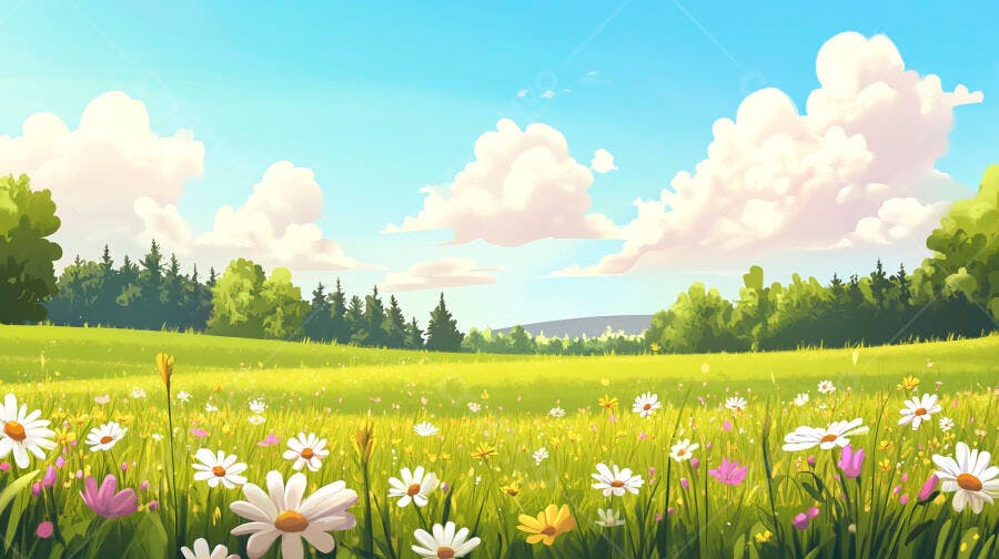 Foto Campo Verde Flores Margaridas Céu Azul Nuvens Verão