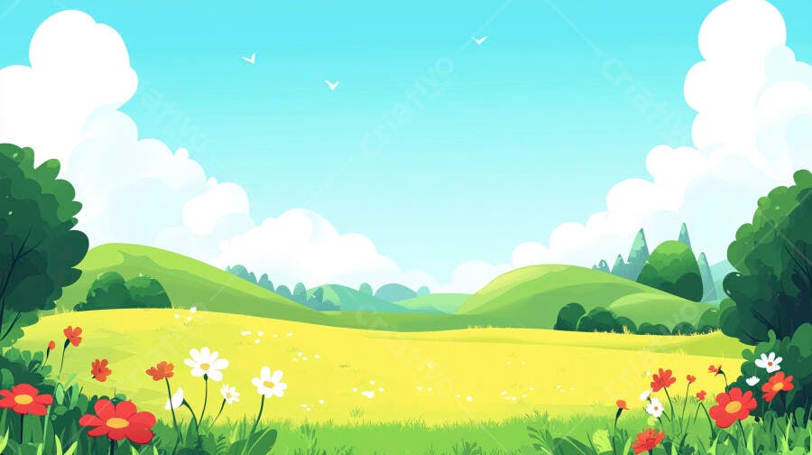 Campo de primavera ensolarado com flores coloridas e colinas verdes serenas