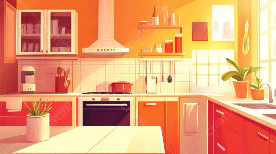 Cozinha Moderna Ilustração Estilo Cartoon Laranja e Branco
