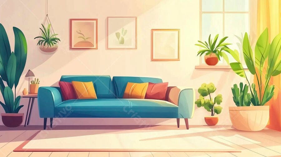 Foto Sala de Estar Moderna Sofá Azul Plantas Naturais Ilustração