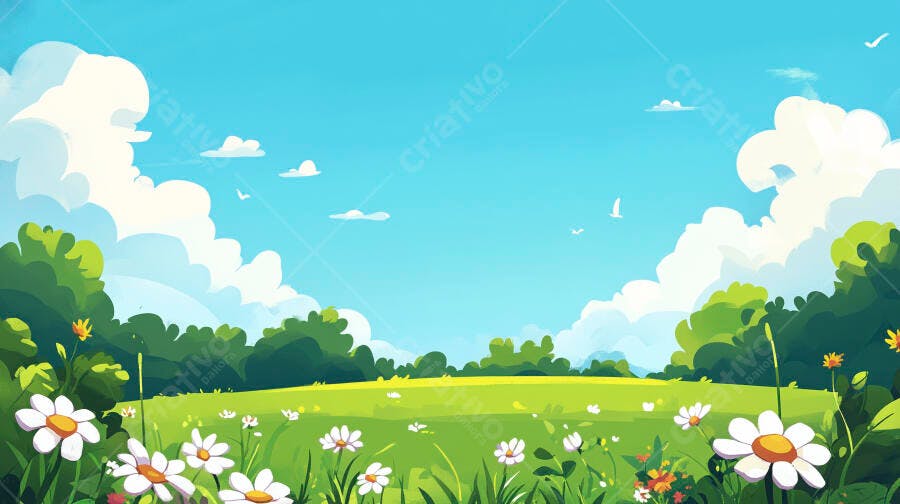 Ilustração Campo Verde Flores Margaridas Céu Azul Nuvens