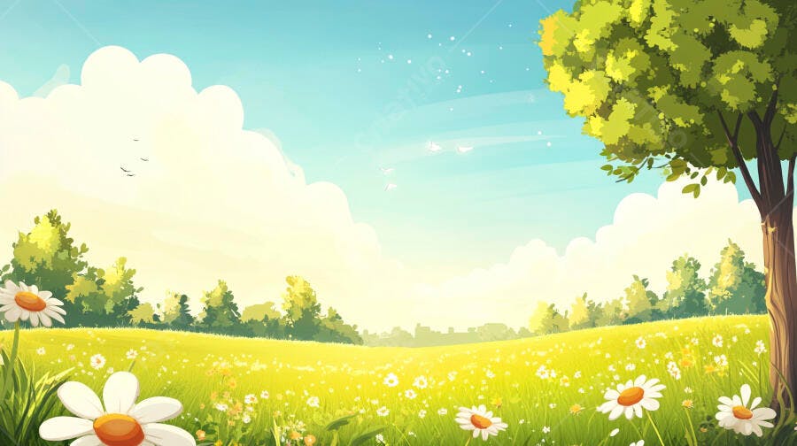 Ilustração Campo Verde Flores Brancas Céu Azul Verão