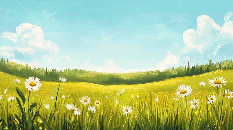 Paisagem Campo Verde Margaridas Nuvens Céu Azul Ilustração
