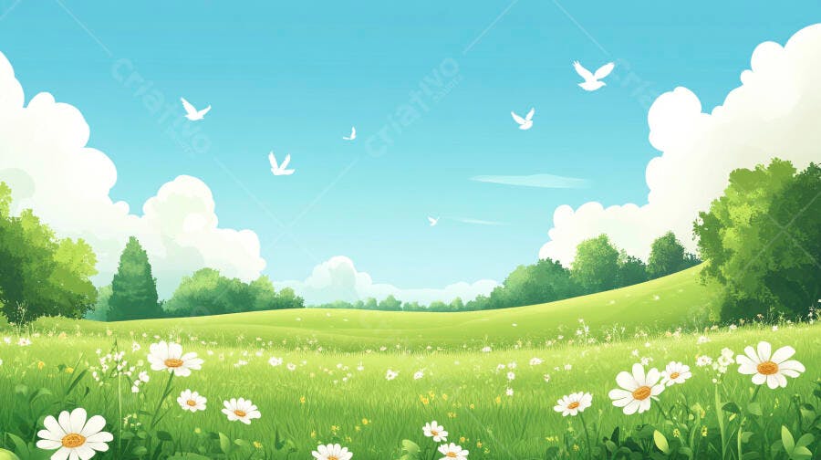 Ilustração Campo Verde Flores Brancas Céu Azul Pássaros Voando