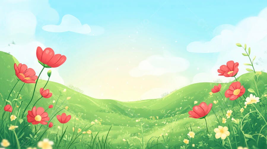 Ilustração Campo Verde Flores Vermelhas Céu Azul Verão