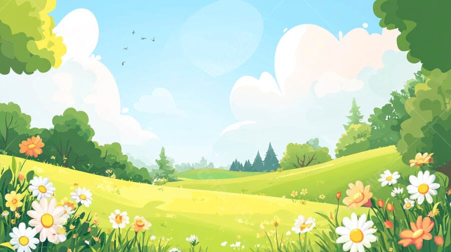 Ilustração Paisagem Campestre Primavera Flores Verdes Céu Azul