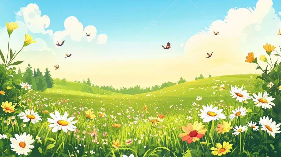 Ilustração Campo Verde Flores Margaridas Primavera Céu Azul