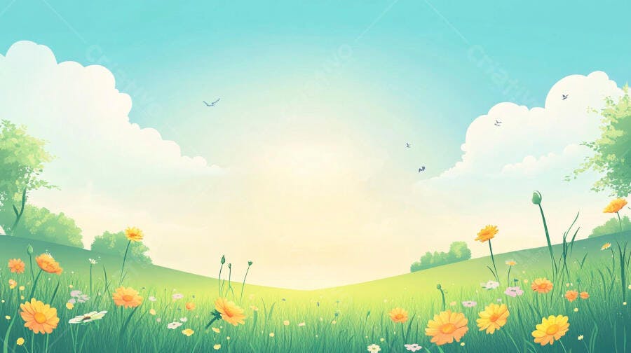 Ilustração Campo Verde Flores Amarelas Céu Azul Primavera