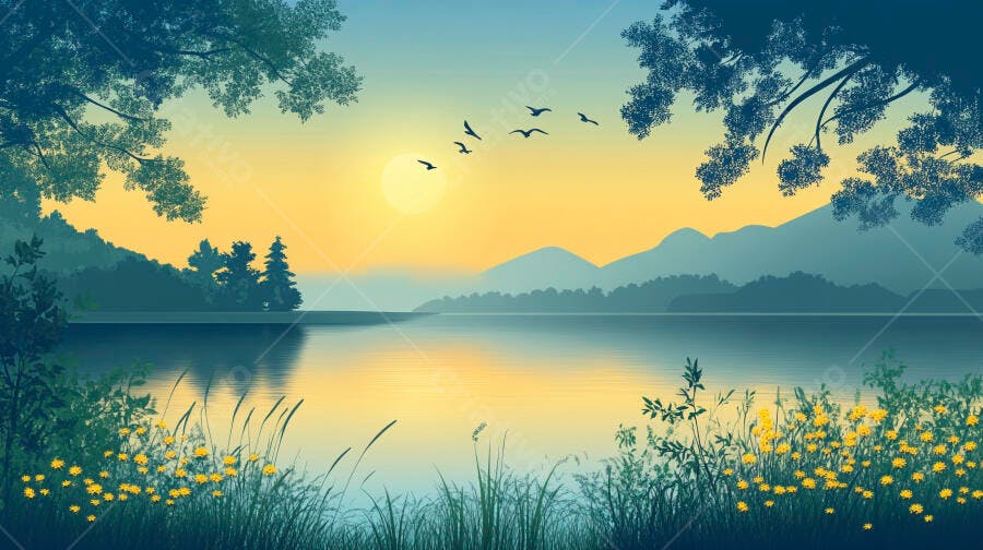 Ilustração Lago Montanhas Pássaros Pôr do Sol Paisagem