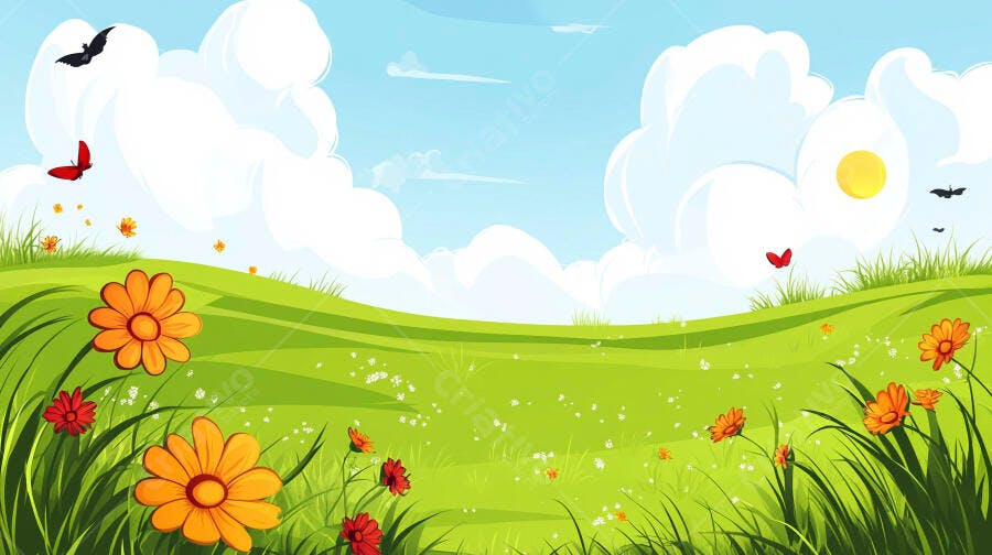Ilustração Campo Verde Flores Borboletas Céu Azul