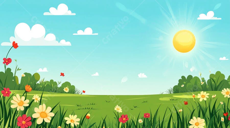 Paisagem Campo Verde Flores Sol Céu Azul Desenho