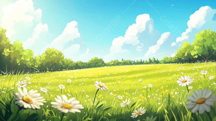 Foto Campo de Margaridas Verdes Céu Azul Ensolarado
