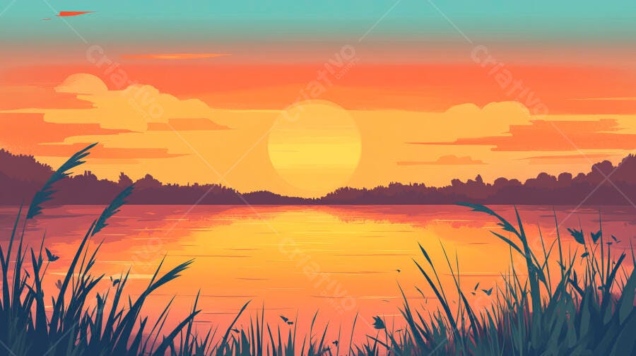 Ilustração Pôr do Sol Lago com Montanhas e Grama