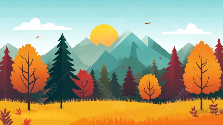 Ilustração Paisagem Outono Montanhas Floresta Pôr do Sol