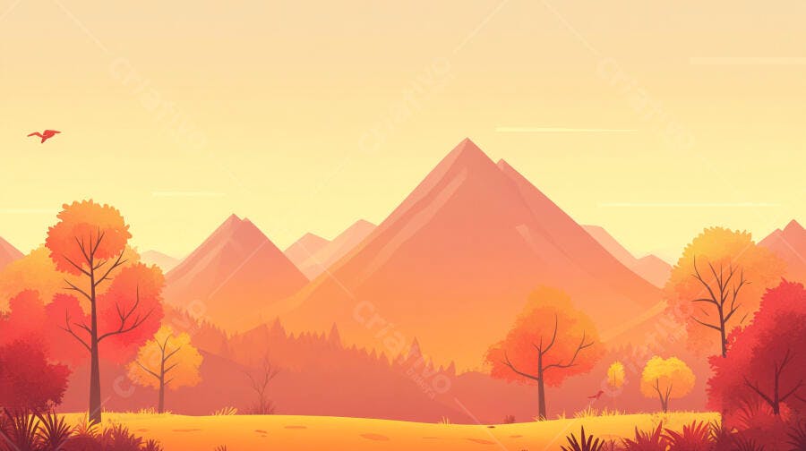 Ilustração Paisagem Montanhas Outono Pôr do Sol Laranja