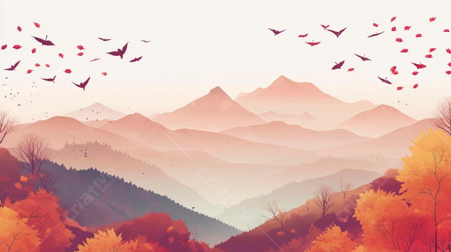 Ilustração Montanhas Outono Pássaros Voando Paisagem