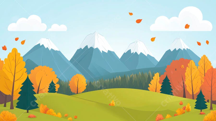 Ilustração Paisagem Outono Montanhas Nevadas Árvores Amarelas
