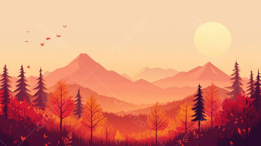 Paisagem Outono Montanhas Pôr do Sol Ilustração Vetorial