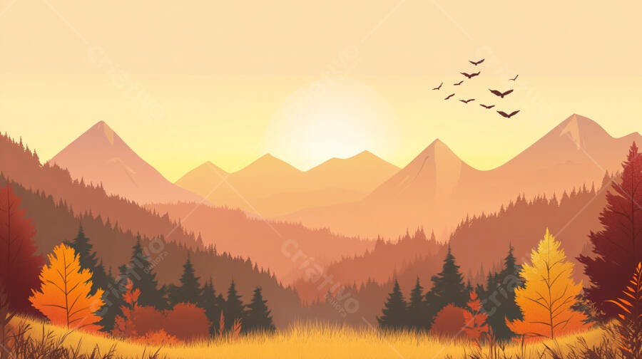 Paisagem Montanhas Outono Pôr do Sol Ilustração Vetorial