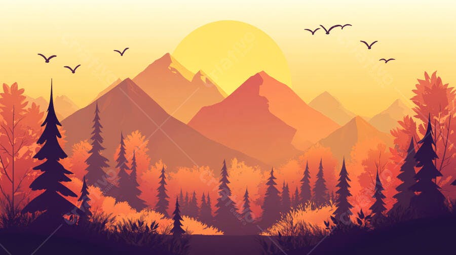 Ilustração Montanhas Pôr do Sol Outono Laranjas Amarelos