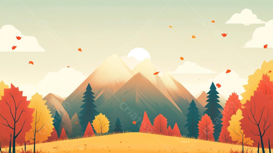 Ilustração Outono Montanhas Folhas Caindo Paisagem Vetorial